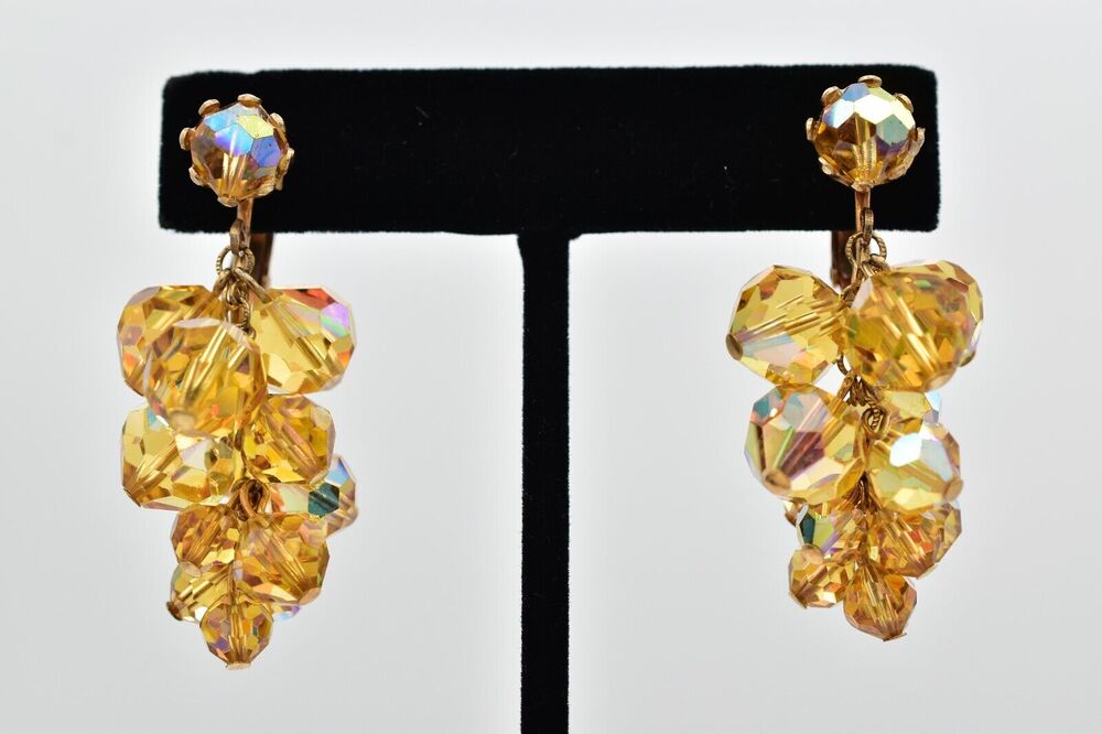 Vintage Clip On Citrine Chandelier Earrings AB Faceted Chain Cluster 1950s 9F